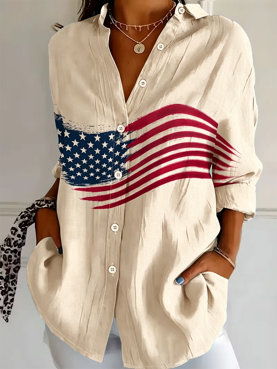 Shirt Collar Regular Sleeve Long Sleeve America Flag Buckle Regular Loose Button Up Shirt Shirt For Women