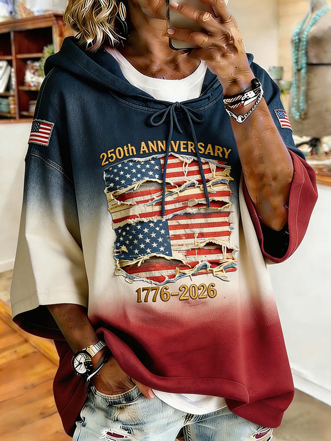 Women's Ombre Distressed American Flag 250th Anniversary Hoodie