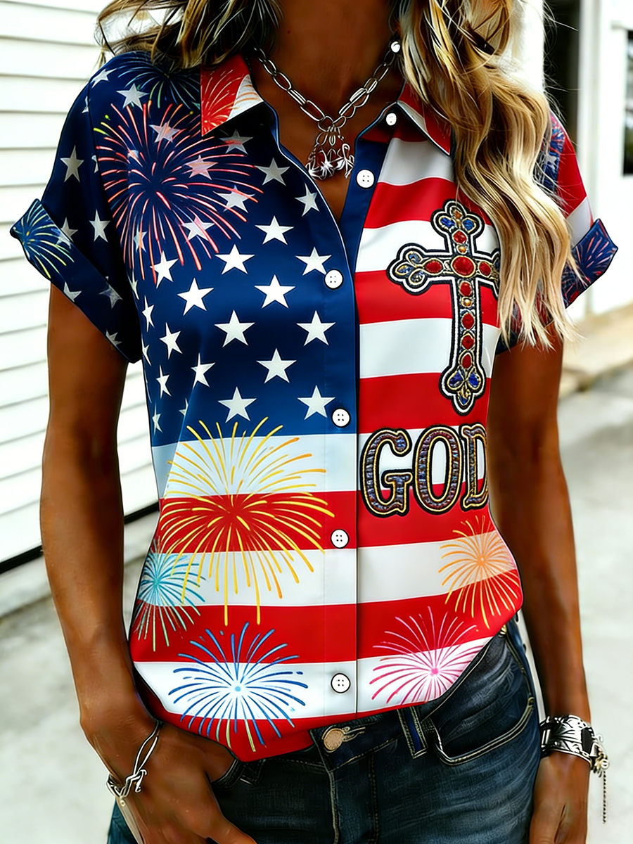 Patriotic Vintage Firework Cross & GOD American Flag Button Down Shirt
