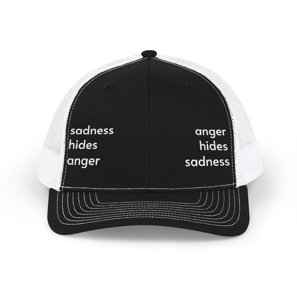 Embroidered Trucker Hat — "anger hides sadness sadness hides anger" Mesh Snapback