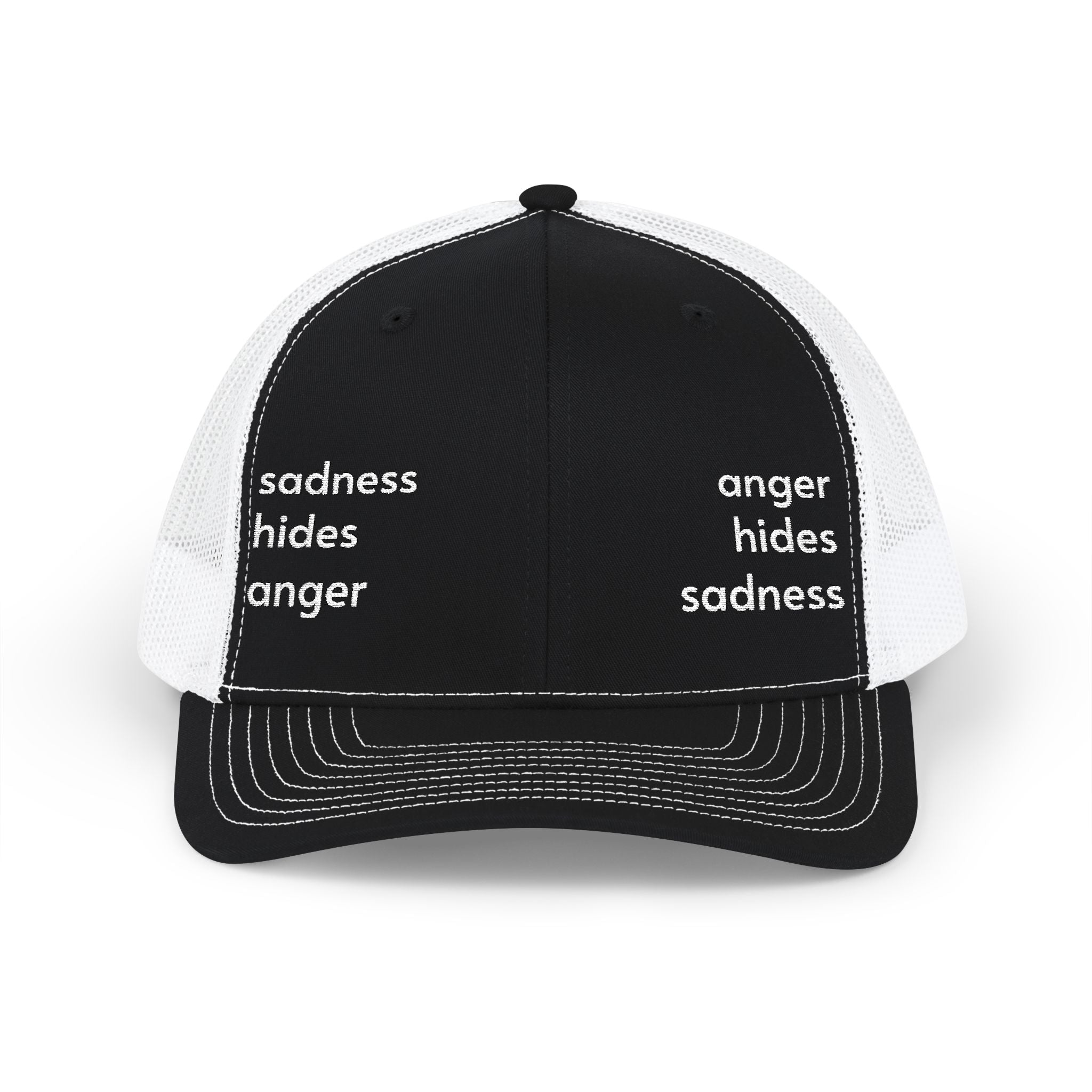 Embroidered Trucker Hat — "anger hides sadness sadness hides anger" Mesh Snapback