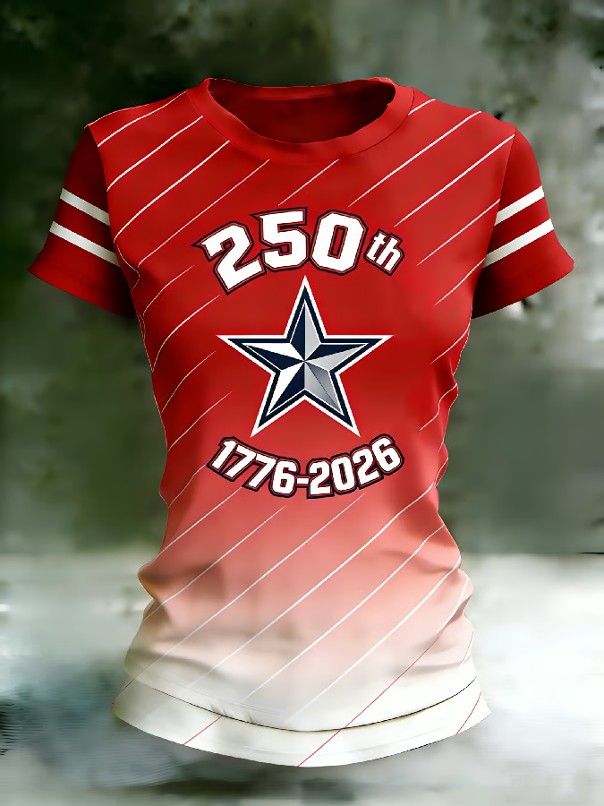 Ladies' 250Th Anniversary Commemorative Printed Round Neck Short Sleeve T-Shirt For American Independence Day
