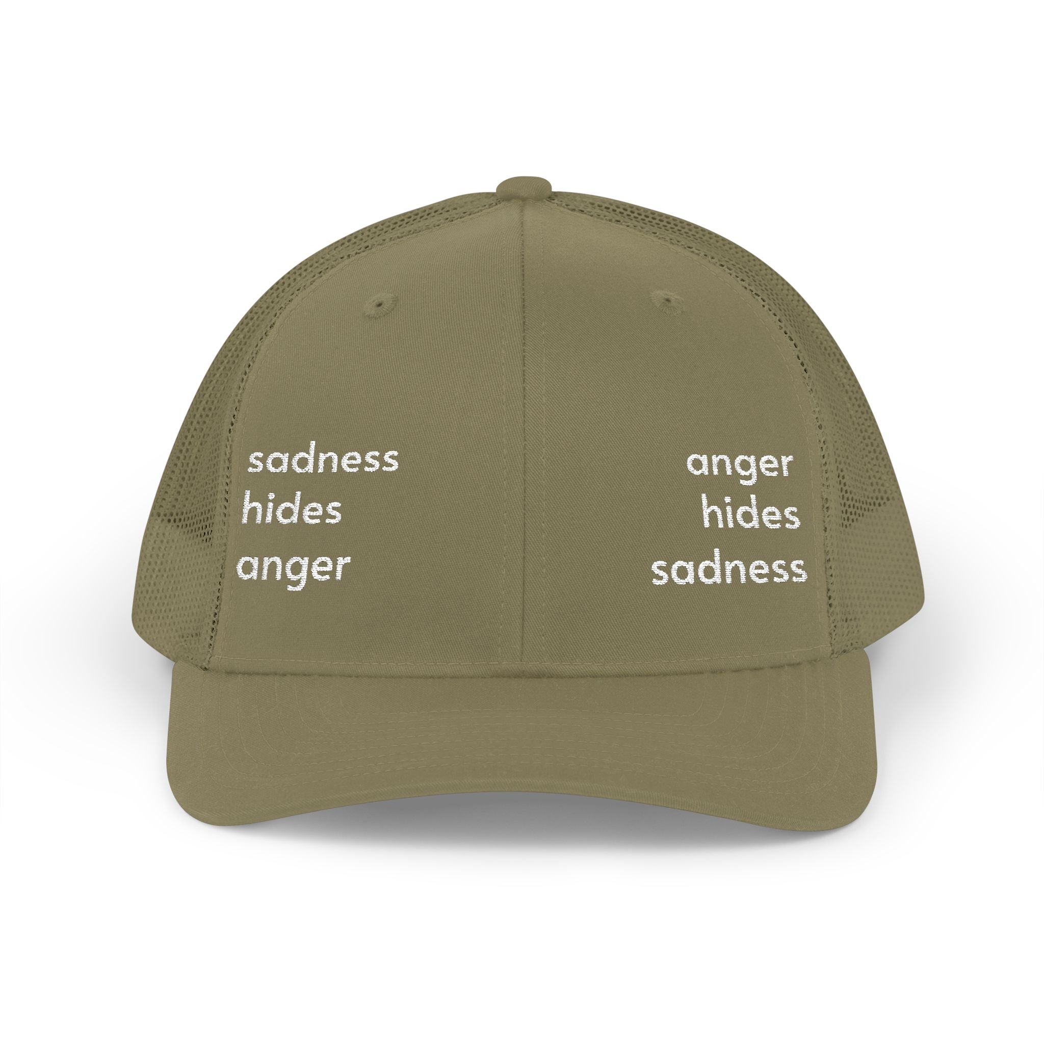 Embroidered Trucker Hat — "anger hides sadness sadness hides anger" Mesh Snapback