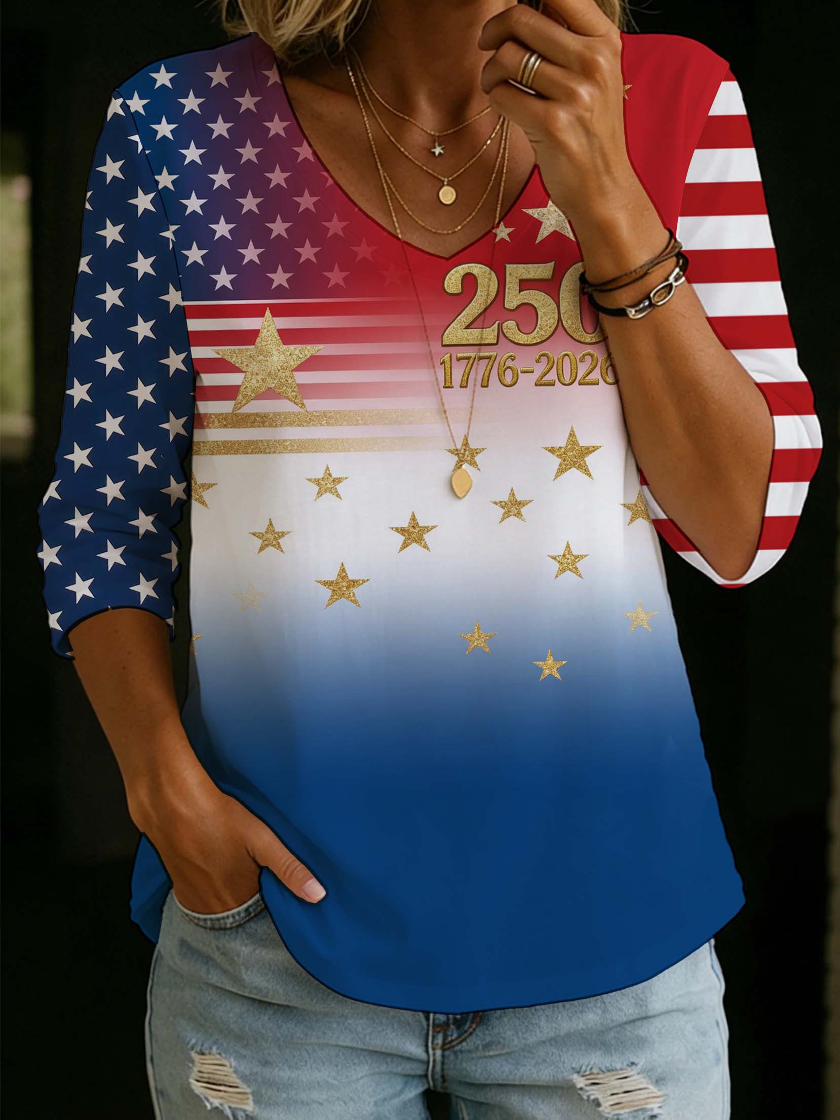 Women'S Independence Day 250Th Anniversary Founding Commemorative Print V-Neck Five Point T-Shirt