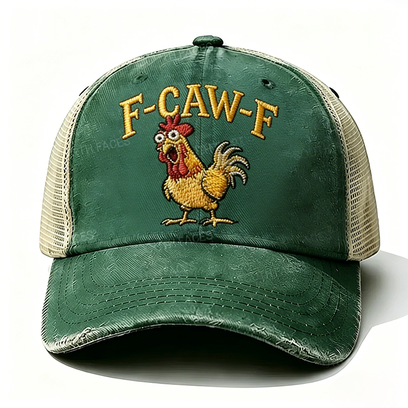 Embroidered "F-CAW-F Rooster Funny Patchwork"  Trucker Cap