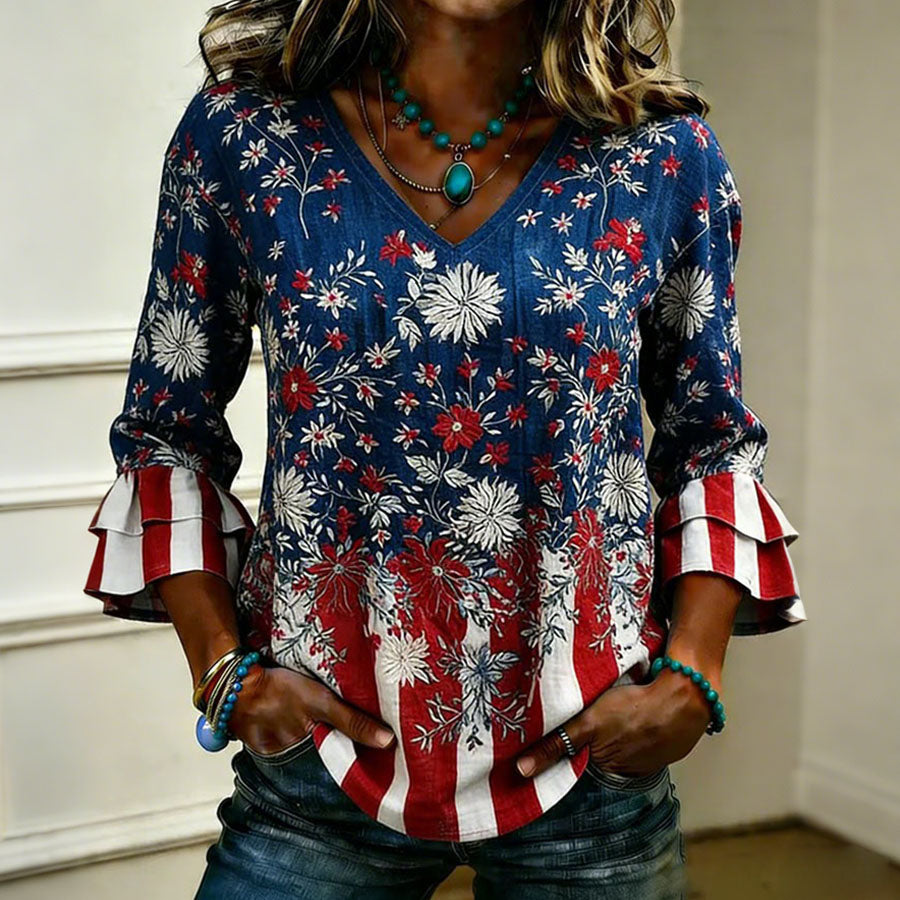 Women'S Cotton And Hemp American Independence Day 250Th Anniversary Printed Casual Top