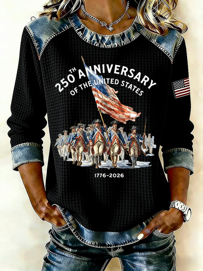 Ladies' Leisure 250Th Anniversary Celebration Splicing Color Contrasting Long Sleeve T-Shirt