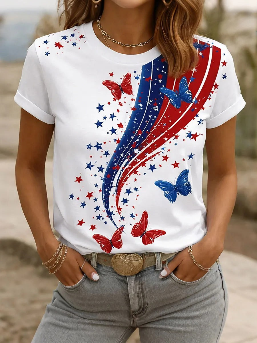 Ladies' 250Th Anniversary Commemorative Printed Round Neck Short Sleeve T-Shirt For American Independence Day
