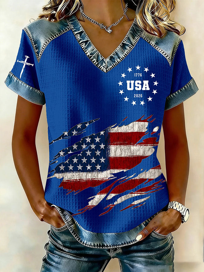 Women's Retro 250th Independence Day Round Neck Waffle Hoodie