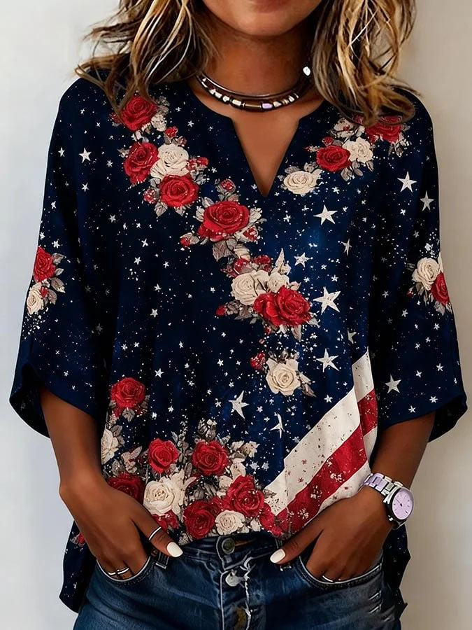 Women's casual American 250th anniversary floral cotton and linen top