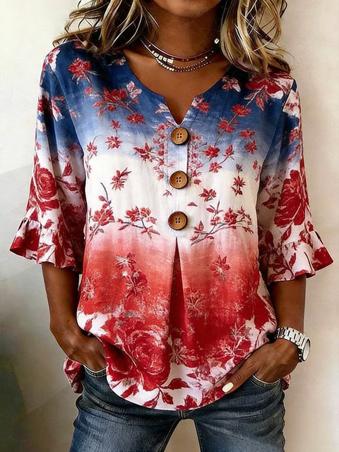 Women'S Independence Day 250Th Anniversary Flag Flower Art Retro Printed Casual Top