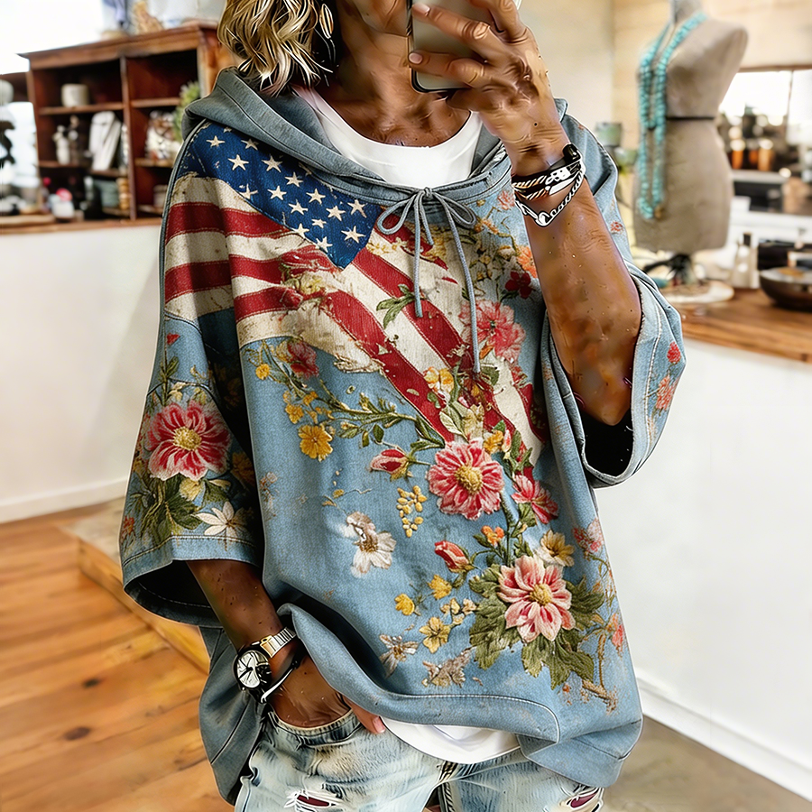 Women's Patriot American Flag Art Flower Print Commemorative Hoodie
