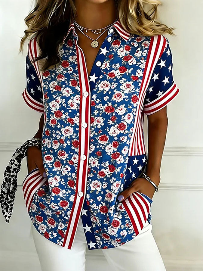 Women'S Independence Day Patriotic American Flag 250Th Anniversary Button Short Sleeve Shirt