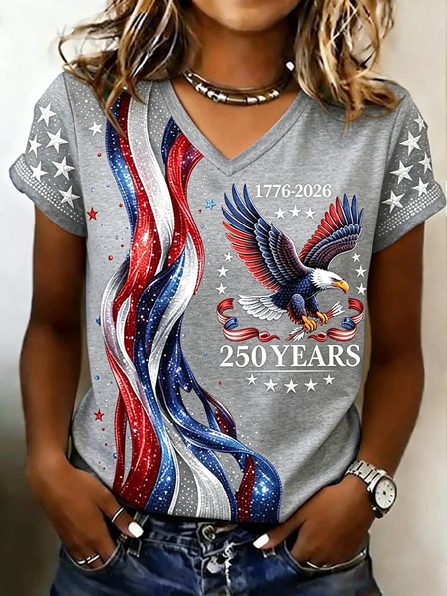 Vintage Text Letters V Neck Short Sleeve T-shirt