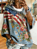 Women's Patriot American Flag Art Flower Print Commemorative Hoodie