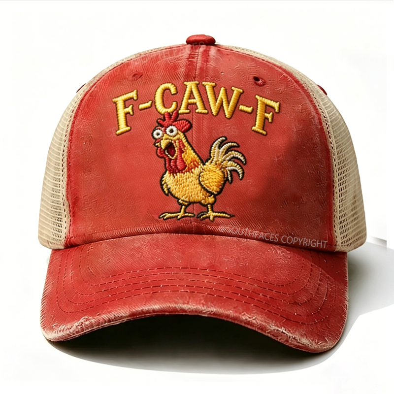 Embroidered "F-CAW-F Rooster Funny Patchwork"  Trucker Cap