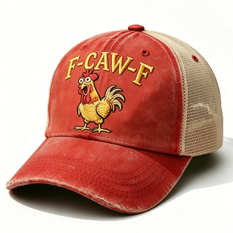 Embroidered "F-CAW-F Rooster Funny Patchwork"  Trucker Cap