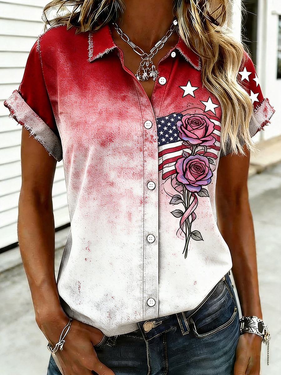 Women's Patriotic Vintage Gradient Rose & American Flag Frayed Denim Shirt