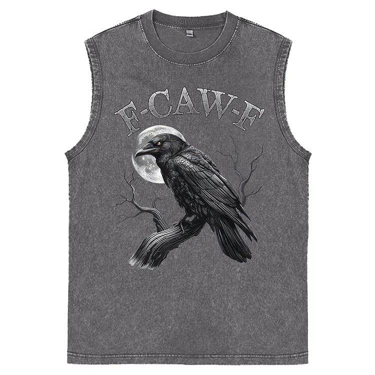 F-Caw-F Crow Print Washed Cotton Sleeveless Tank Tops