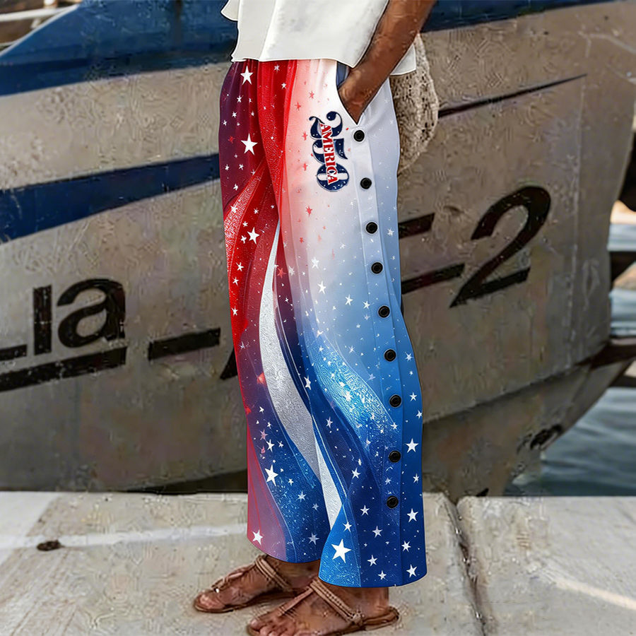 Women's Patriotic American Flag Lines 250th Anniversary Printed Button and Pocket Pants