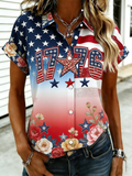 Patriotic Retro Gradient Star Spangled Banner American Flag Flower Button Shirt