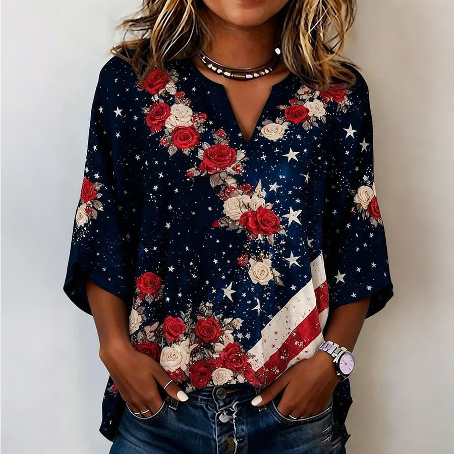 Women's casual American 250th anniversary floral cotton and linen top