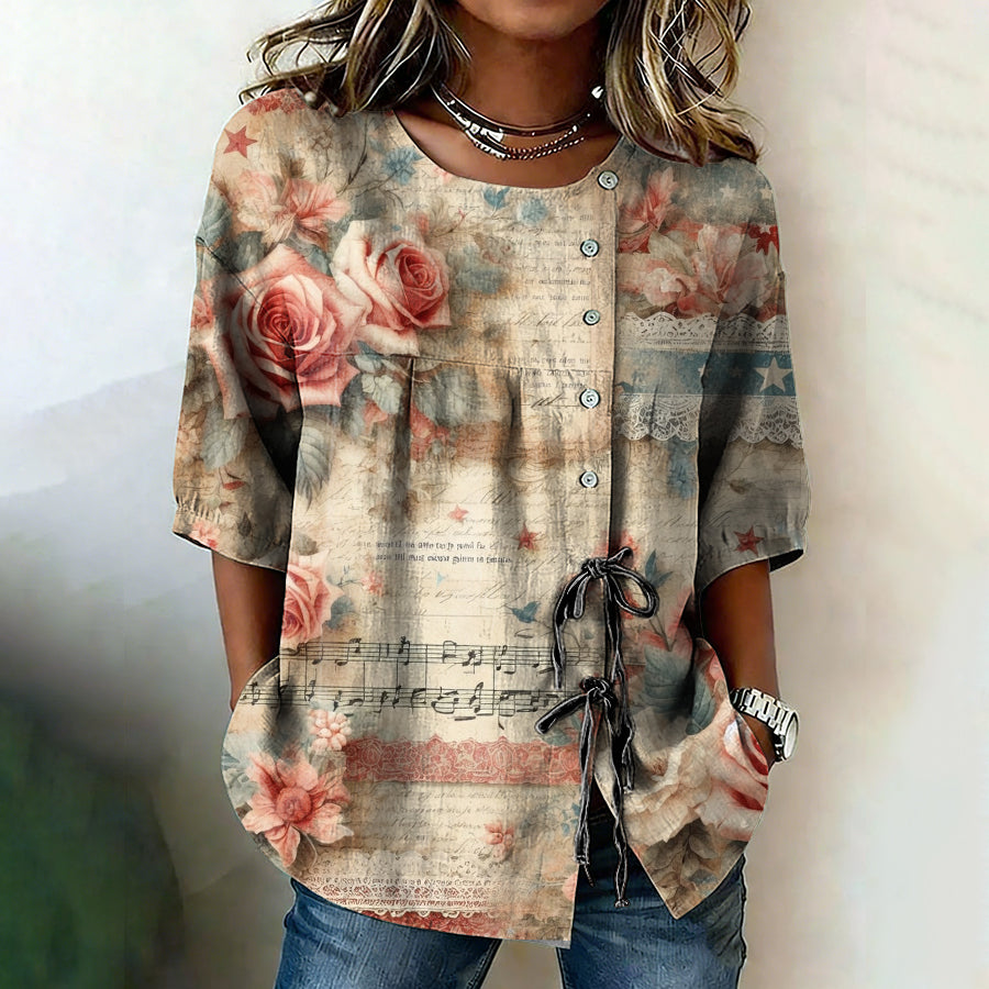Women'S American Flag Printed Cotton And Linen Casual Top