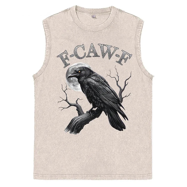 F-Caw-F Crow Print Washed Cotton Sleeveless Tank Tops
