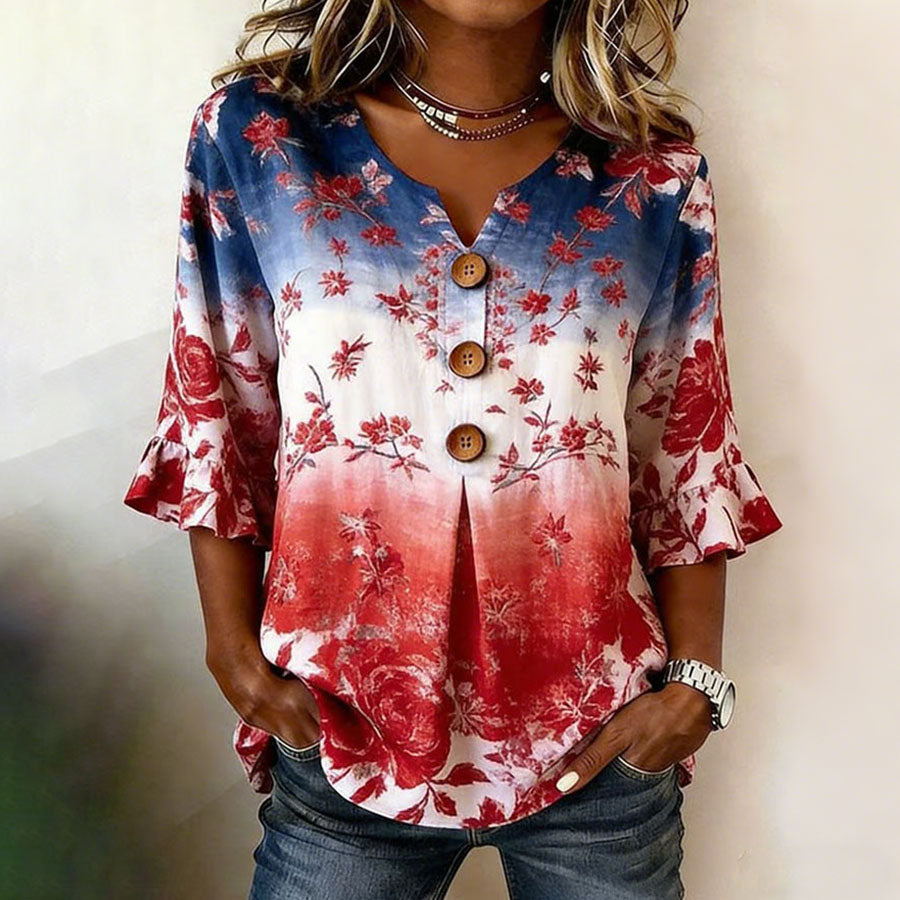 Women'S Independence Day 250Th Anniversary Flag Flower Art Retro Printed Casual Top