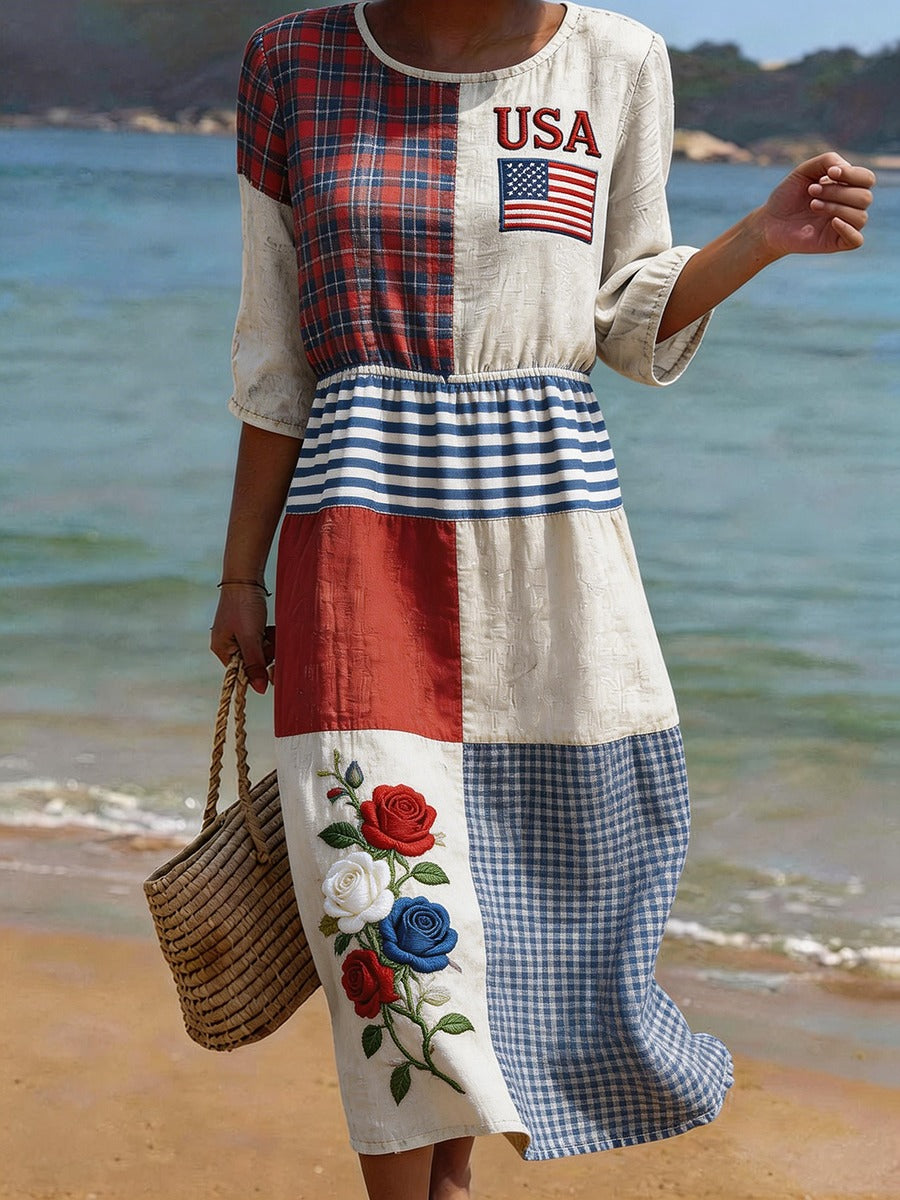 Women's USA Inspired Floral Embroidery Pattern Linen Blend Dress – savebigwear