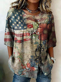 Women'S American Flag Printed Cotton And Linen Casual Top