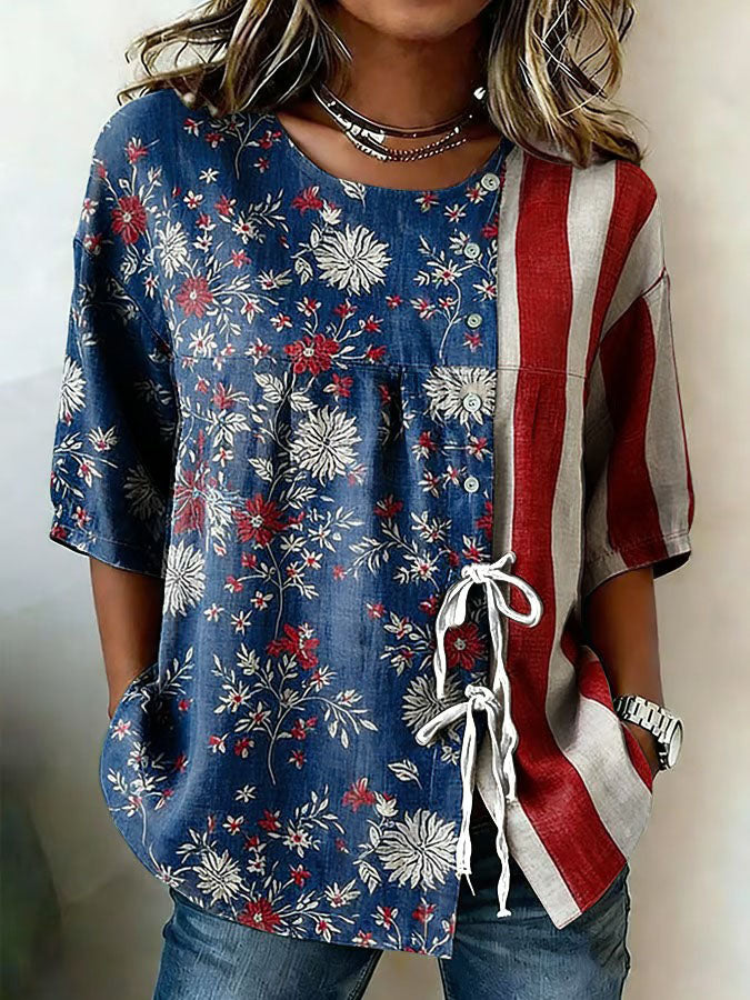 Women'S Independence Day 250Th Anniversary Flower Art Printed Casual Shirt