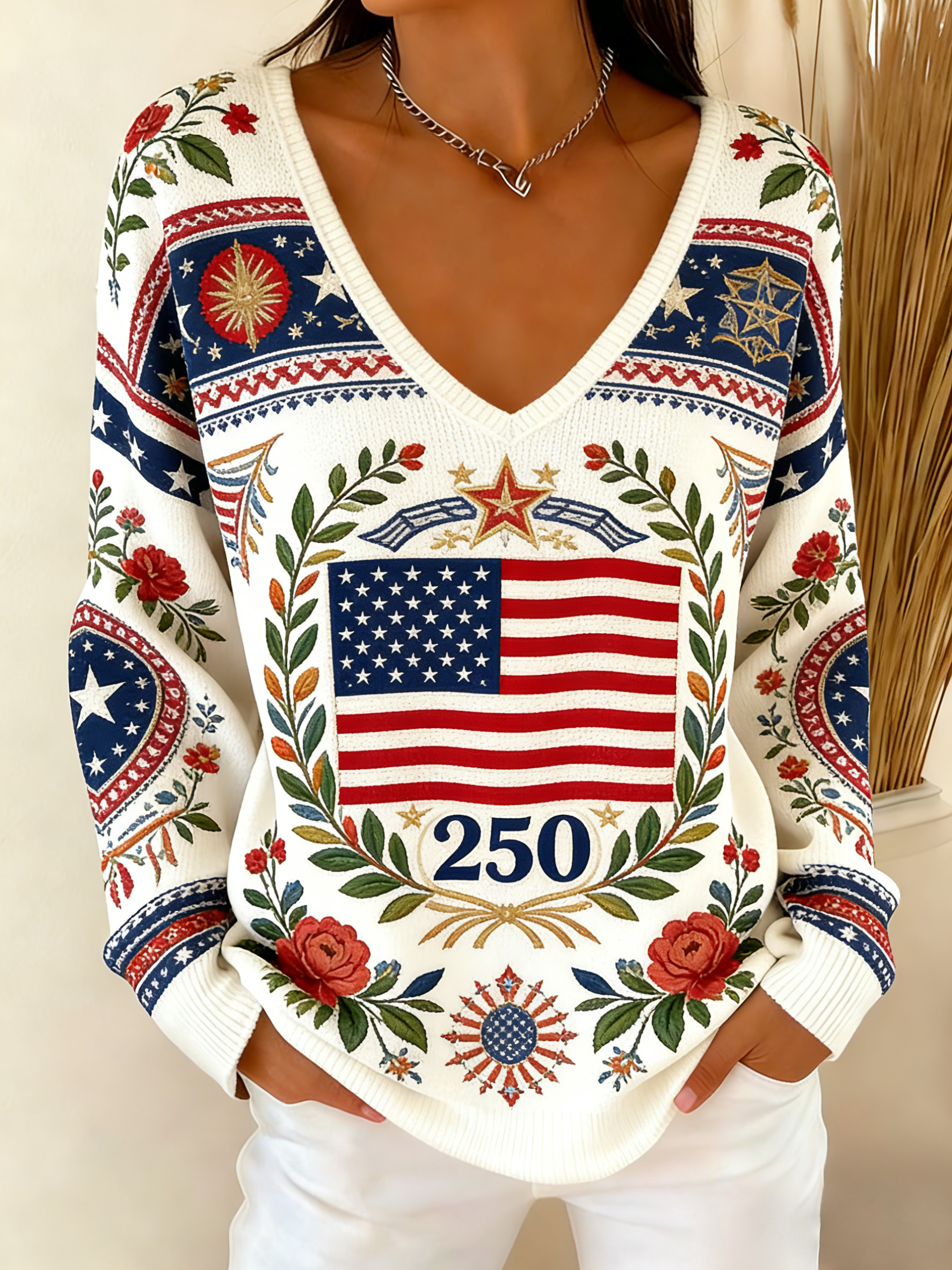 Women's 250th Anniversary Flag Wreath Printed V-neck Knitted Shirt