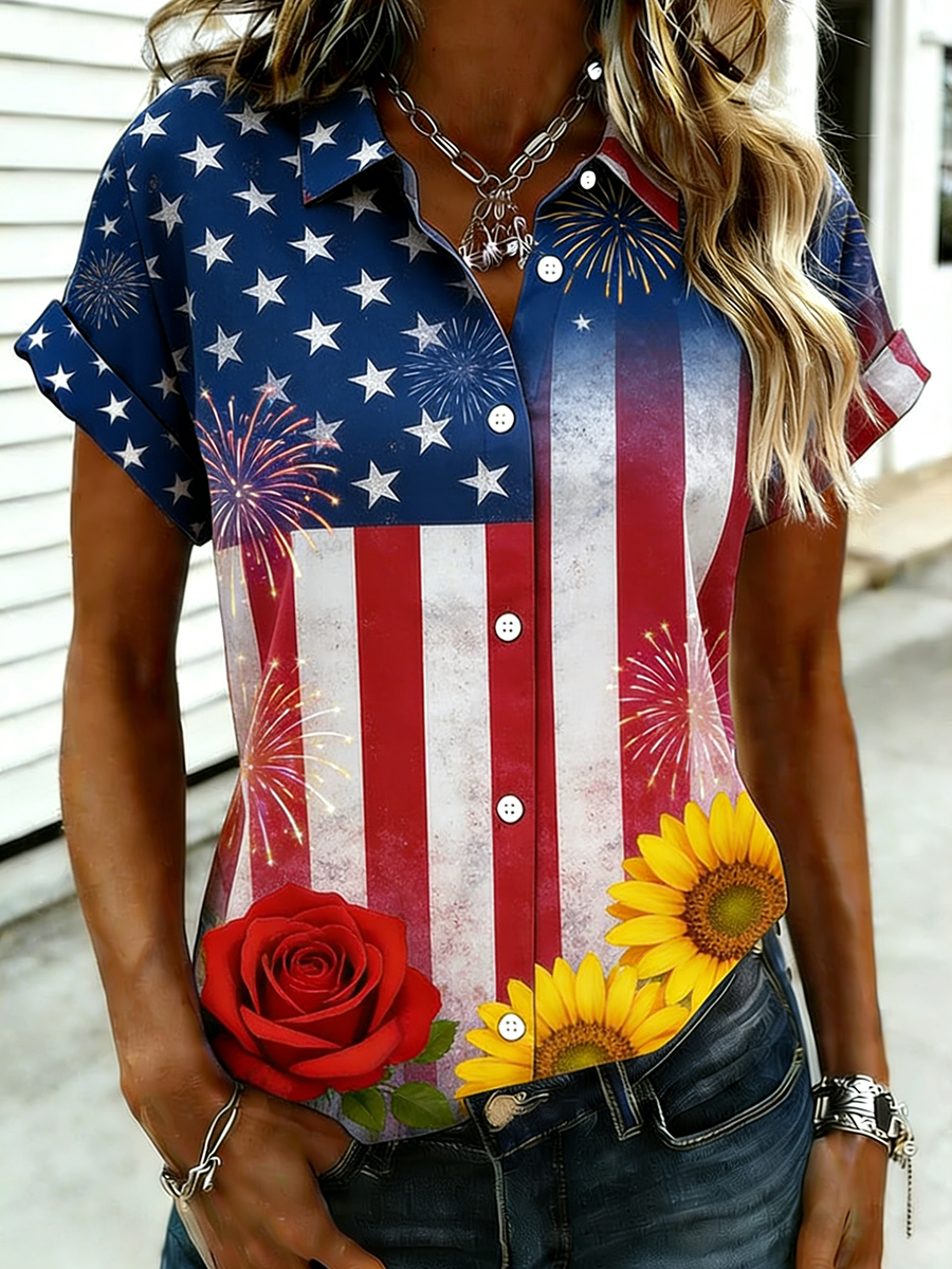 Firework Sunflower & Rose American Flag Button Down Shirt