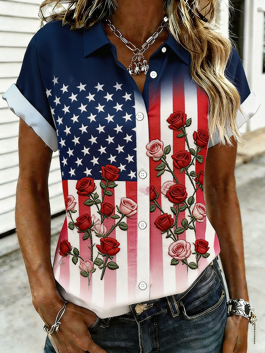 Rose Embroidered Gradient American Flag Button Down Shirt