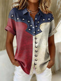 Women'S Independence Day Patriotic American Flag 250Th Anniversary Button Short Sleeve Shirt