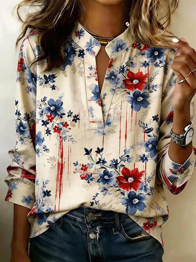 Women'S Retro American Independence Day 250Th Anniversary Flower Art Printed V-Neck Long Sleeve Shirt