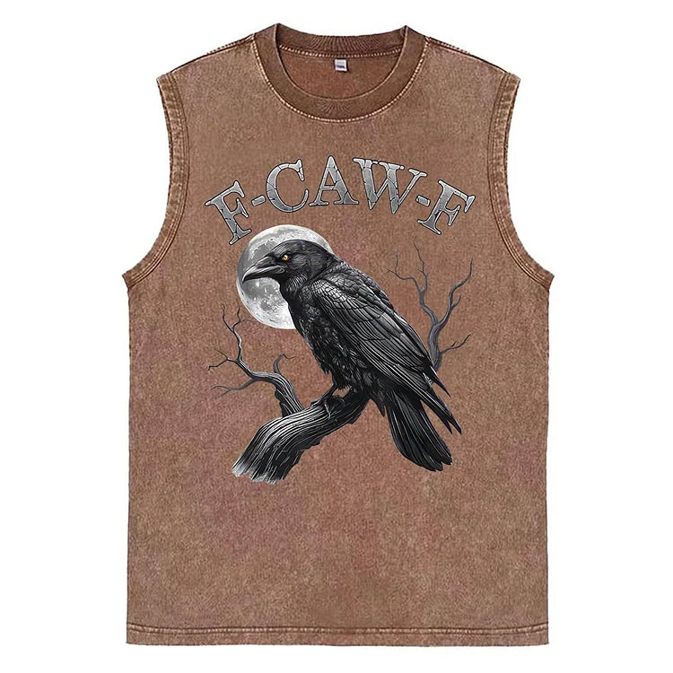 F-Caw-F Crow Print Washed Cotton Sleeveless Tank Tops