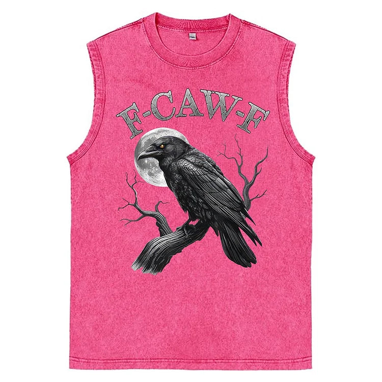 F-Caw-F Crow Print Washed Cotton Sleeveless Tank Tops